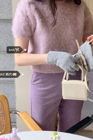 Vintage Purple Short-Sleeve Knitted Top in Wool - IAC Korean Style Fashion Essential for a Timeless Look