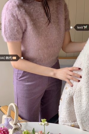 Vintage Purple Short-Sleeve Knitted Top in Wool - IAC Korean Style Fashion Essential for a Timeless Look