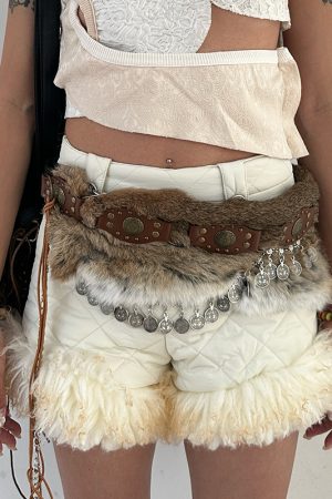 Vintage Rabbit Fur Splicing Waist Belt with Chain in Tea Color - Autumn Winter Punk Rock Style for Women