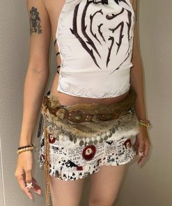 Vintage Rabbit Fur Splicing Waist Belt with Chain in Tea Color - Autumn Winter Punk Rock Style for Women