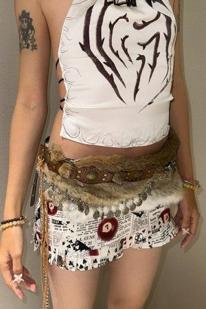 Vintage Rabbit Fur Splicing Waist Belt with Chain in Tea Color - Autumn Winter Punk Rock Style for Women