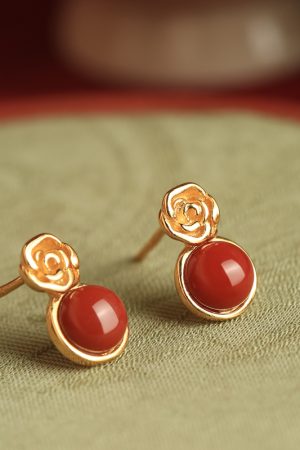 Vintage Red Agate Rose Flower Stud Earrings in Pure Silver - National Style Light Luxury Jewelry for Women