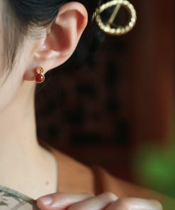 Vintage Red Agate Rose Flower Stud Earrings in Pure Silver - National Style Light Luxury Jewelry for Women