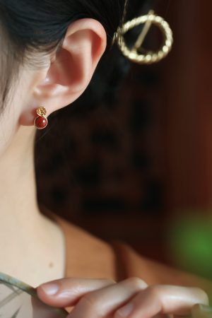 Vintage Red Agate Rose Flower Stud Earrings in Pure Silver - National Style Light Luxury Jewelry for Women