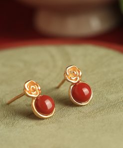 Vintage Red Agate Rose Flower Stud Earrings in Pure Silver - National Style Light Luxury Jewelry for Women