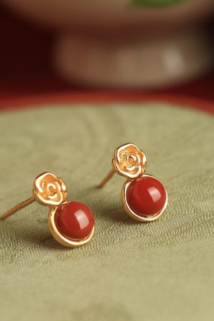 Vintage Red Agate Rose Flower Stud Earrings in Pure Silver - National Style Light Luxury Jewelry for Women