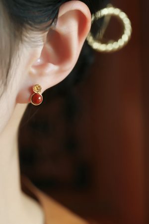 Vintage Red Agate Rose Flower Stud Earrings in Pure Silver - National Style Light Luxury Jewelry for Women