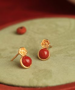 Vintage Red Agate Rose Flower Stud Earrings in Pure Silver - National Style Light Luxury Jewelry for Women