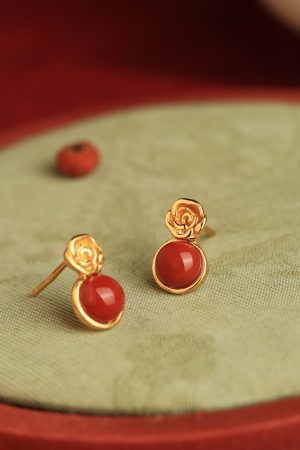 Vintage Red Agate Rose Flower Stud Earrings in Pure Silver - National Style Light Luxury Jewelry for Women