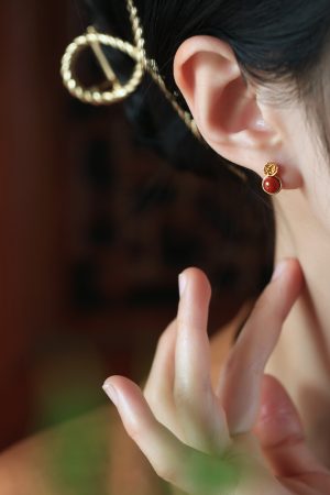 Vintage Red Agate Rose Flower Stud Earrings in Pure Silver - National Style Light Luxury Jewelry for Women