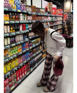 Vintage Red and White Plaid Loose Wide-Leg Cotton Home Leisure Pants for Women - Floor-Length Checkered Style