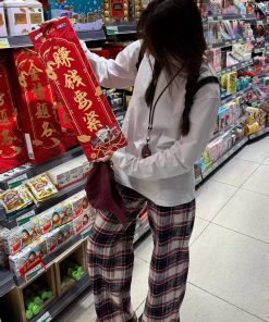 Vintage Red and White Plaid Loose Wide-Leg Cotton Home Leisure Pants for Women - Floor-Length Checkered Style