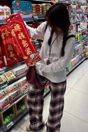 Vintage Red and White Plaid Loose Wide-Leg Cotton Home Leisure Pants for Women - Floor-Length Checkered Style