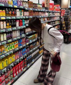 Vintage Red and White Plaid Loose Wide-Leg Cotton Home Leisure Pants for Women - Floor-Length Checkered Style