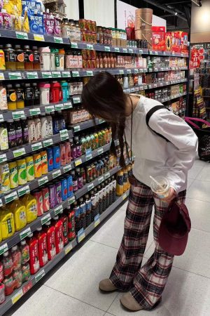 Vintage Red and White Plaid Loose Wide-Leg Cotton Home Leisure Pants for Women - Floor-Length Checkered Style