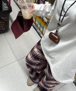 Vintage Red and White Plaid Loose Wide-Leg Cotton Home Leisure Pants for Women - Floor-Length Checkered Style