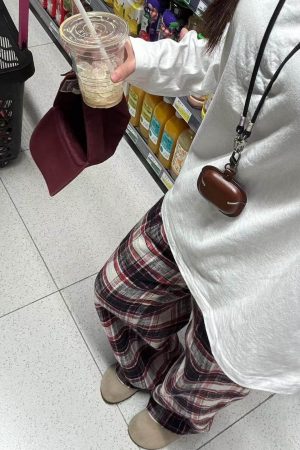 Vintage Red and White Plaid Loose Wide-Leg Cotton Home Leisure Pants for Women - Floor-Length Checkered Style