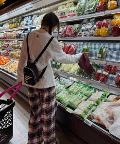 Vintage Red and White Plaid Loose Wide-Leg Cotton Home Leisure Pants for Women - Floor-Length Checkered Style