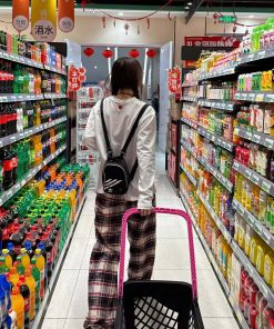 Vintage Red and White Plaid Loose Wide-Leg Cotton Home Leisure Pants for Women - Floor-Length Checkered Style