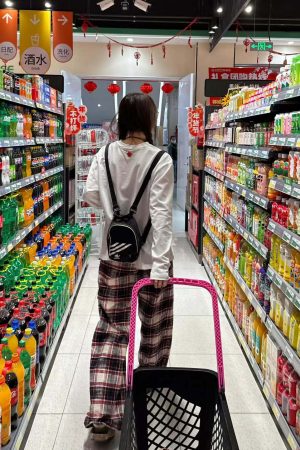 Vintage Red and White Plaid Loose Wide-Leg Cotton Home Leisure Pants for Women - Floor-Length Checkered Style