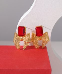 Vintage Red Square Diamond Metal Woven Bow Earrings for Women, 925 Silver Clip-On Design, Perfect for New Year Celebrations