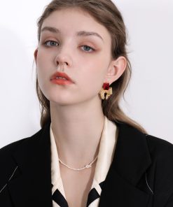 Vintage Red Square Diamond Metal Woven Bow Earrings for Women, 925 Silver Clip-On Design, Perfect for New Year Celebrations