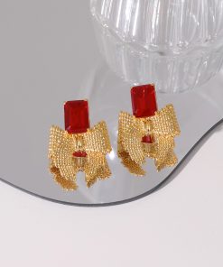 Vintage Red Square Diamond Metal Woven Bow Earrings for Women, 925 Silver Clip-On Design, Perfect for New Year Celebrations