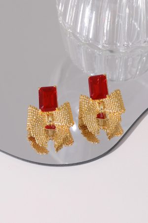 Vintage Red Square Diamond Metal Woven Bow Earrings for Women, 925 Silver Clip-On Design, Perfect for New Year Celebrations
