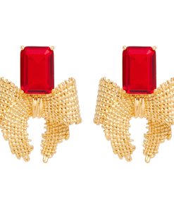 Vintage Red Square Diamond Metal Woven Bow Earrings for Women, 925 Silver Clip-On Design, Perfect for New Year Celebrations