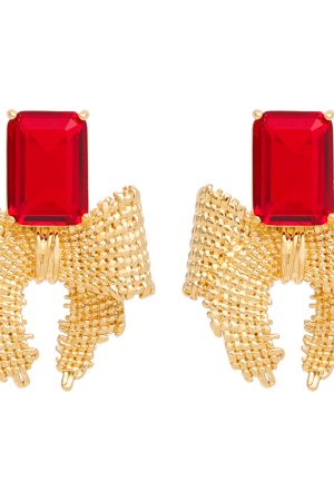 Vintage Red Square Diamond Metal Woven Bow Earrings for Women, 925 Silver Clip-On Design, Perfect for New Year Celebrations