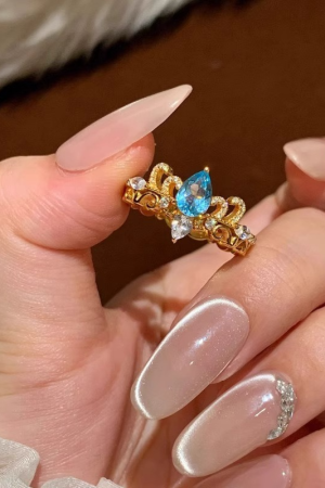Vintage Retro Chinese Style Blue Tear Crown Water Drop Ring for Women - Antique Exquisite Index Finger Jewelry 2025