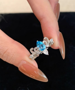 Vintage Retro Chinese Style Blue Tear Crown Water Drop Ring for Women - Antique Exquisite Index Finger Jewelry 2025