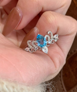 Vintage Retro Chinese Style Blue Tear Crown Water Drop Ring for Women - Antique Exquisite Index Finger Jewelry 2025