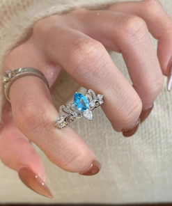 Vintage Retro Chinese Style Blue Tear Crown Water Drop Ring for Women - Antique Exquisite Index Finger Jewelry 2025