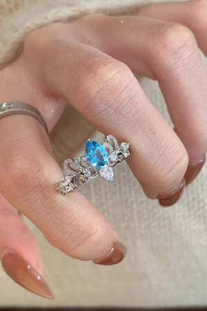 Vintage Retro Chinese Style Blue Tear Crown Water Drop Ring for Women - Antique Exquisite Index Finger Jewelry 2025