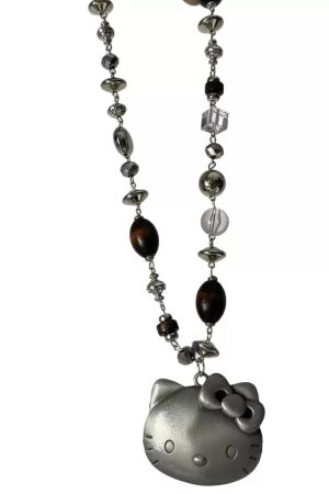 Vintage Retro Distressed Kitty Cat Bead Necklace for Women, Cute Cartoon Pendant Clavicle Chain, Niche Design, Y2K Style