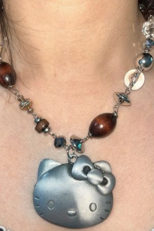 Vintage Retro Distressed Kitty Cat Bead Necklace for Women, Cute Cartoon Pendant Clavicle Chain, Niche Design, Y2K Style