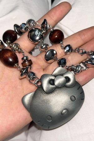 Vintage Retro Distressed Kitty Cat Bead Necklace for Women, Cute Cartoon Pendant Clavicle Chain, Niche Design, Y2K Style