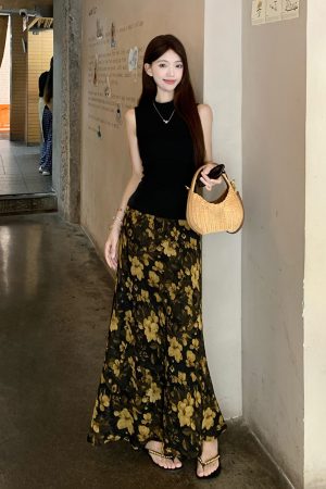 Vintage Retro Printed Midi Skirt for Women - Old Money Style with Fish Tail Design - Trendy 90s Inspired Fashion