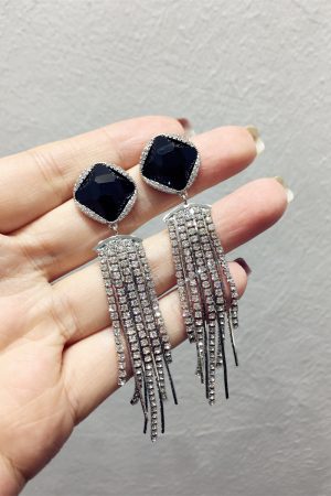 Vintage Rhinestone Metal Tassel Earrings - Black Rope Diamond Geometric Design for Trendy Fashion Lovers - Slimming Face Accessories