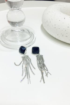 Vintage Rhinestone Metal Tassel Earrings - Black Rope Diamond Geometric Design for Trendy Fashion Lovers - Slimming Face Accessories