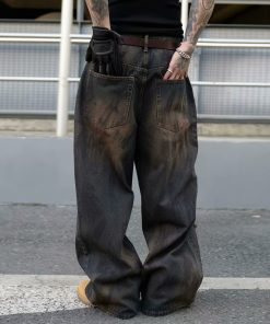 Vintage Ripped Baggy Wide-Leg Jeans for Men - Dirty Wasteland Style, American Streetwear, Cool Loose Fit, Floor-Length Pants