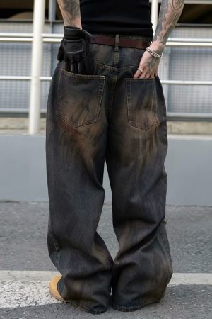 Vintage Ripped Baggy Wide-Leg Jeans for Men - Dirty Wasteland Style, American Streetwear, Cool Loose Fit, Floor-Length Pants