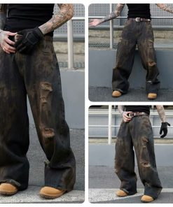 Vintage Ripped Baggy Wide-Leg Jeans for Men - Dirty Wasteland Style, American Streetwear, Cool Loose Fit, Floor-Length Pants