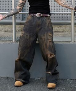 Vintage Ripped Baggy Wide-Leg Jeans for Men - Dirty Wasteland Style, American Streetwear, Cool Loose Fit, Floor-Length Pants