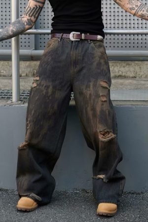 Vintage Ripped Baggy Wide-Leg Jeans for Men - Dirty Wasteland Style, American Streetwear, Cool Loose Fit, Floor-Length Pants