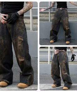 Vintage Ripped Baggy Wide-Leg Jeans for Men - Dirty Wasteland Style, American Streetwear, Cool Loose Fit, Floor-Length Pants
