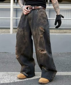 Vintage Ripped Baggy Wide-Leg Jeans for Men - Dirty Wasteland Style, American Streetwear, Cool Loose Fit, Floor-Length Pants