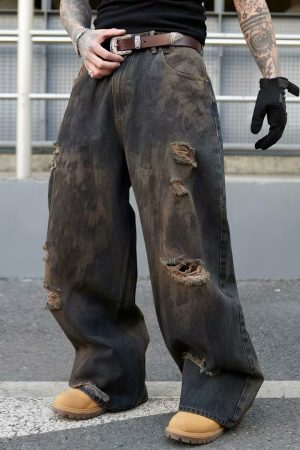 Vintage Ripped Baggy Wide-Leg Jeans for Men - Dirty Wasteland Style, American Streetwear, Cool Loose Fit, Floor-Length Pants