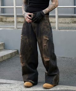 Vintage Ripped Baggy Wide-Leg Jeans for Men - Dirty Wasteland Style, American Streetwear, Cool Loose Fit, Floor-Length Pants